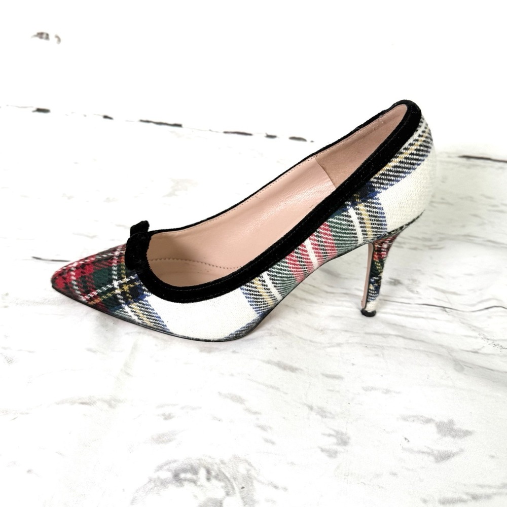 J Crew Pumps Women's 6.5 Green Red Mid Heel Pointed Toe Bow Plaid Italy Made